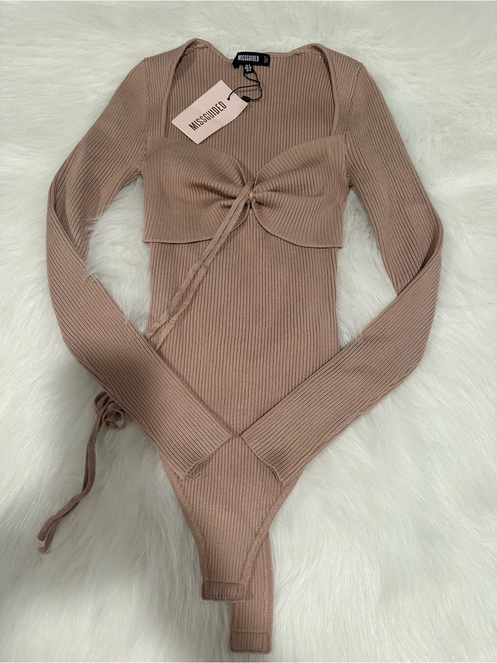 Missguided Mauve Ribbed Tie-Front Long Sleeve Bodysuit Sz 4 NWT